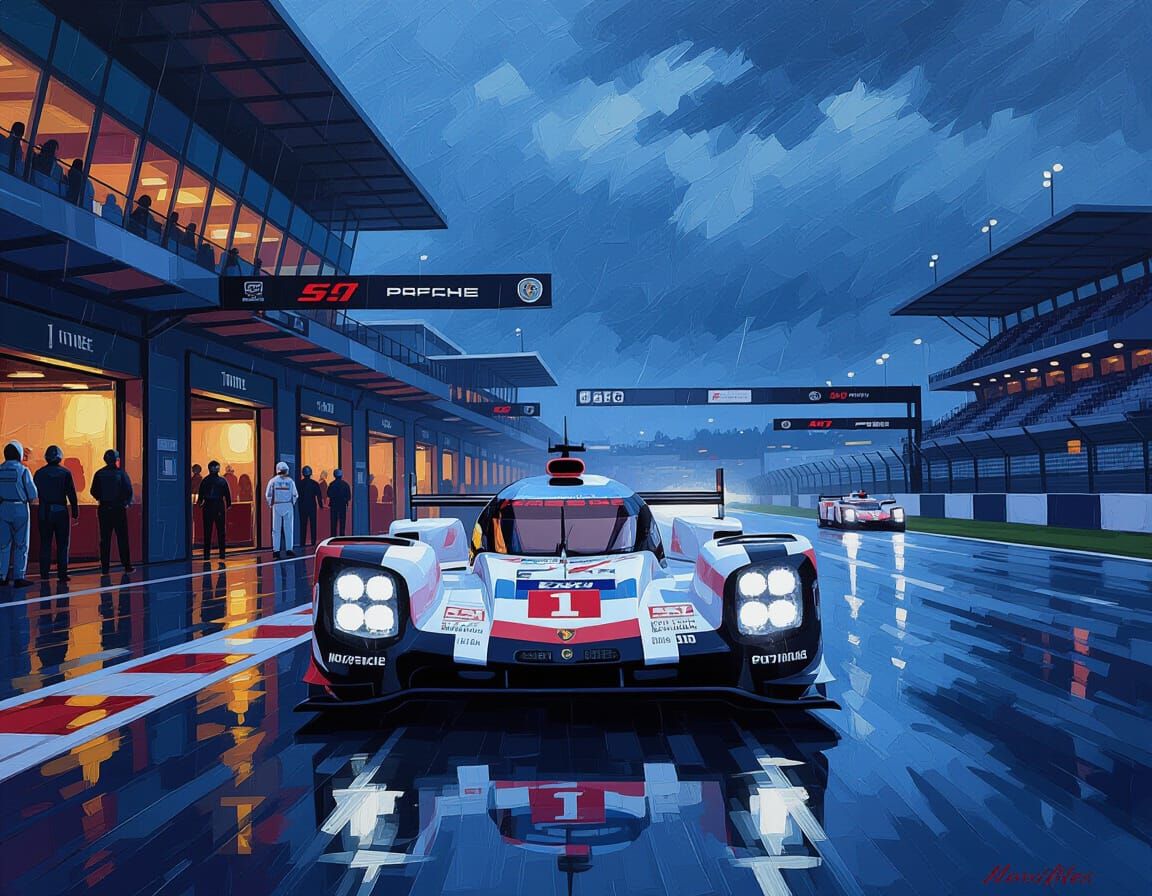 Porsche 919 LMP1 Race Car in Rainy Nürburgring Pit Lane