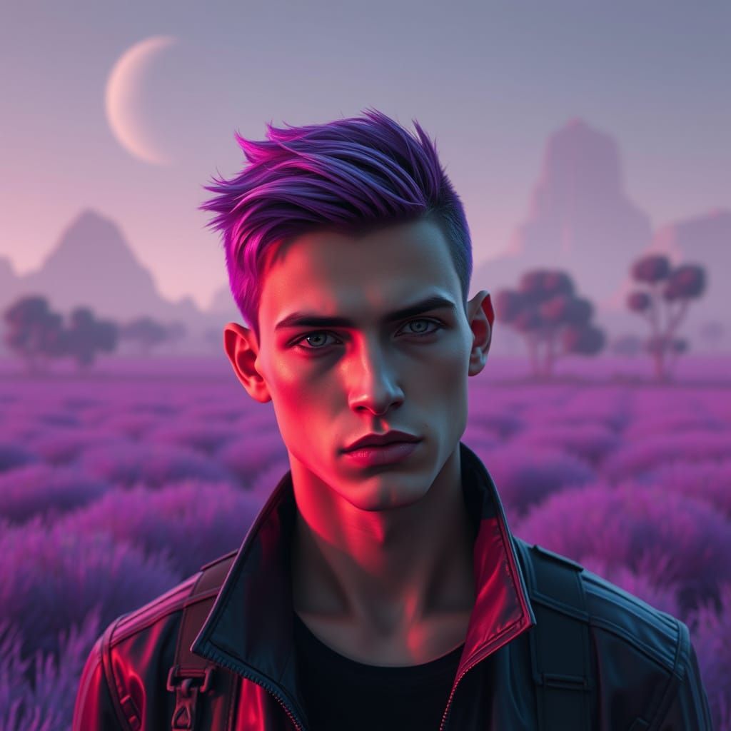 Handsome Man on Purple Planet in Cyberpunk Style