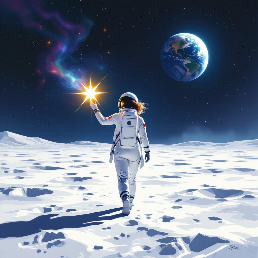 Astronaut Woman Holds Glowing Star on Moon, Surreal Digital ...