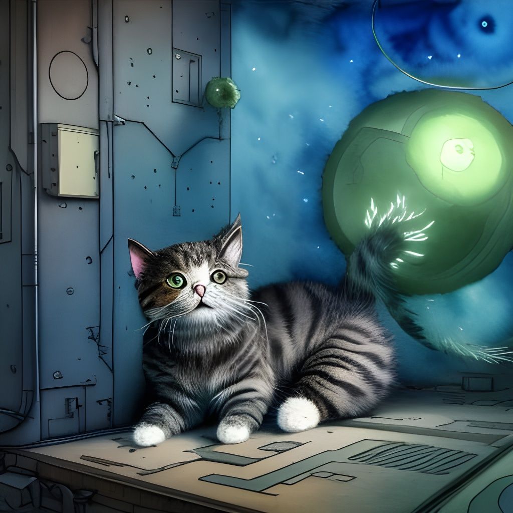 Fluffy Cat on Solarpunk Terrace in Expressionist Style