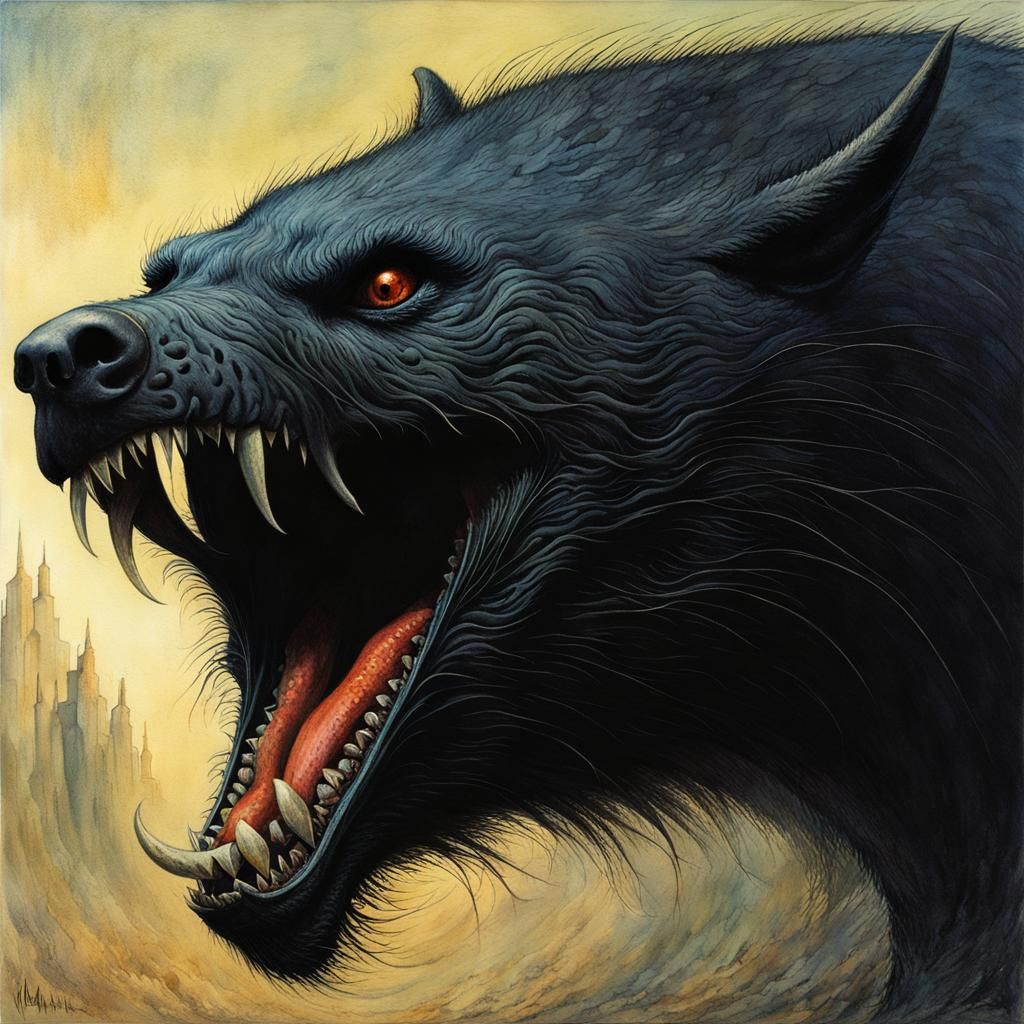 Giant Hellhound Panting: Gothic Art Inspired by Old Masters