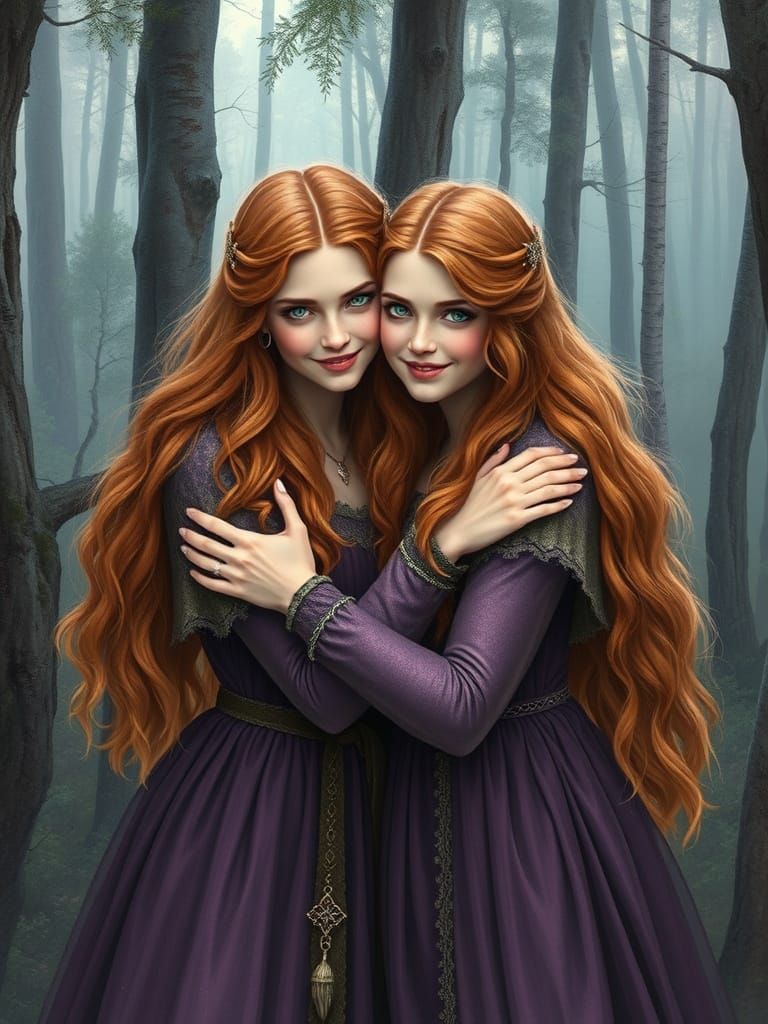 Viking Sisters Embrace in Whimsical Forest Scene