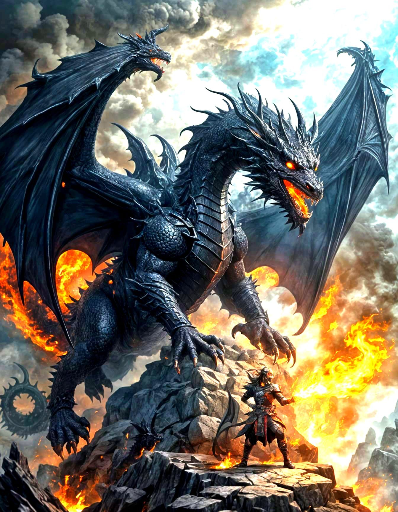 Black Dragon's Fiery Breath Above Warrior