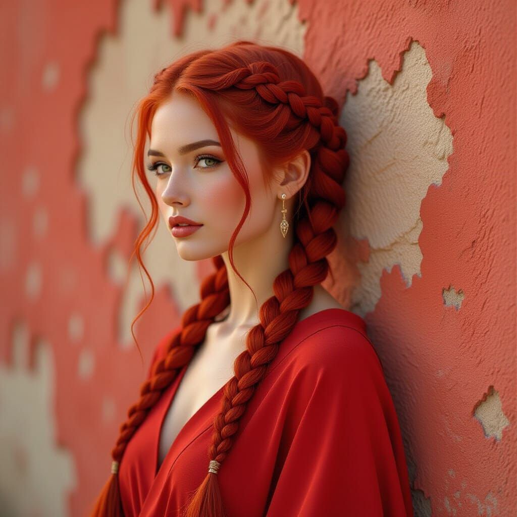 Woman Blended into Red Wall: Hyper-Detailed Realism