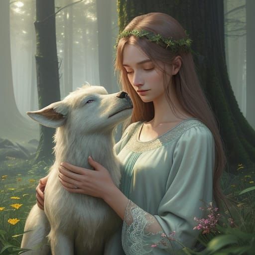Elegant Maiden and Majestic Beast in a Sunlit Clearing
