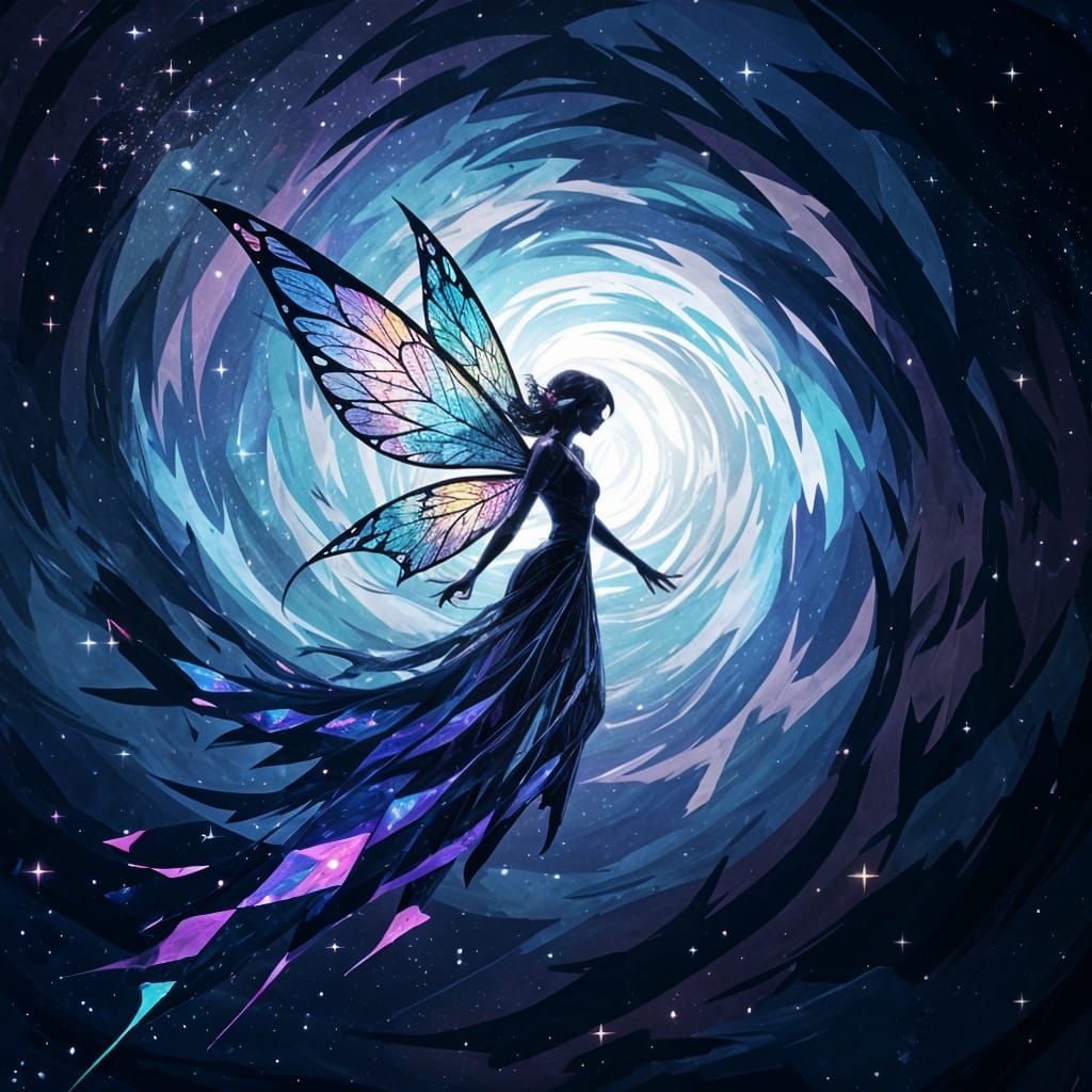 Ethereal Fairy in Cosmic Vortex, Shattered Glass Wings