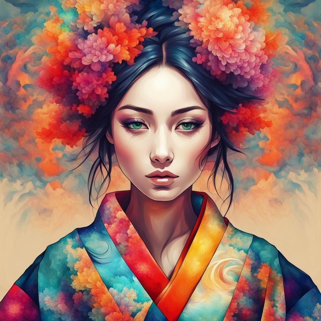 Kimono Girl Made of Colorful Fractals in Abstract Art