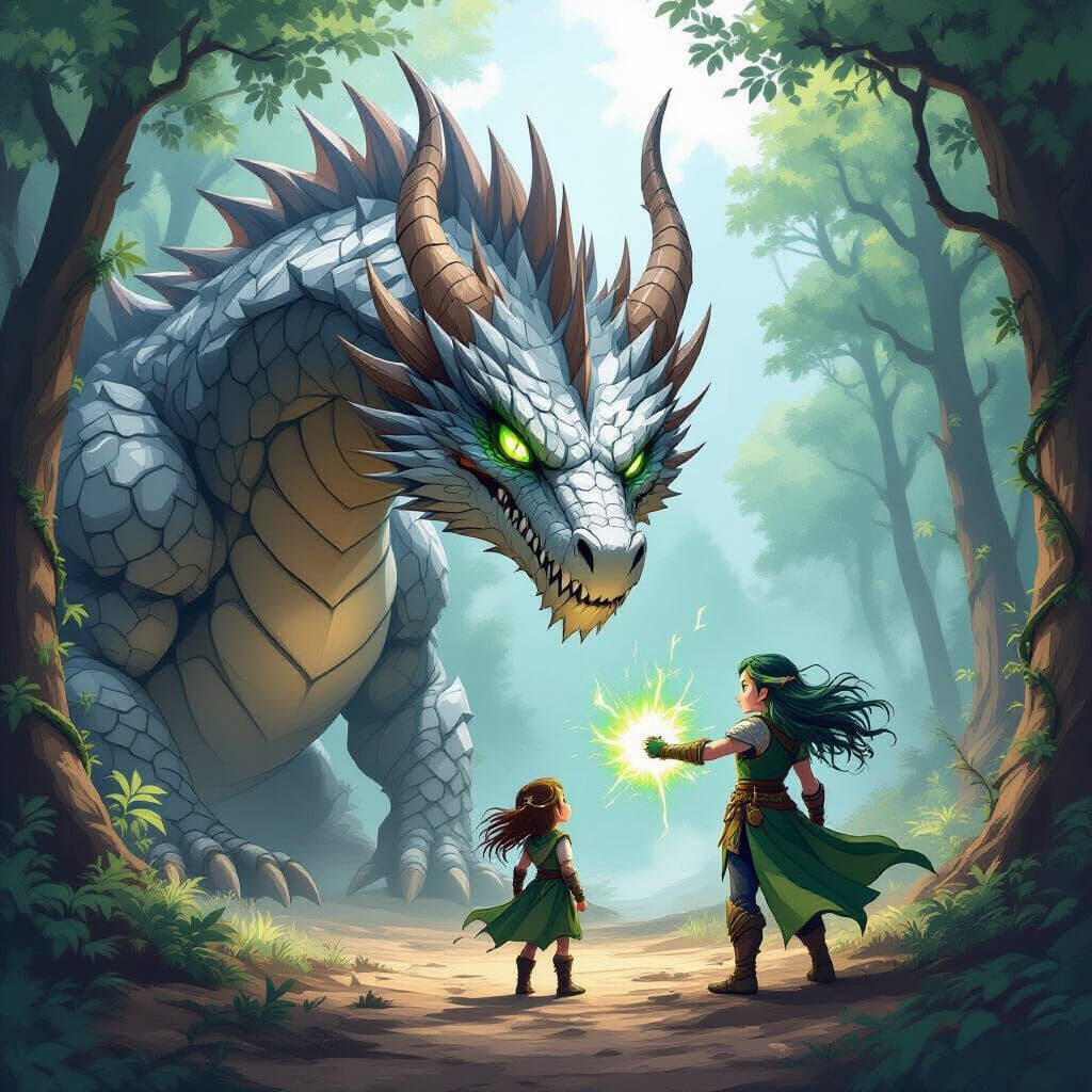 Girl Confronts Giant Dragon in Anime Style