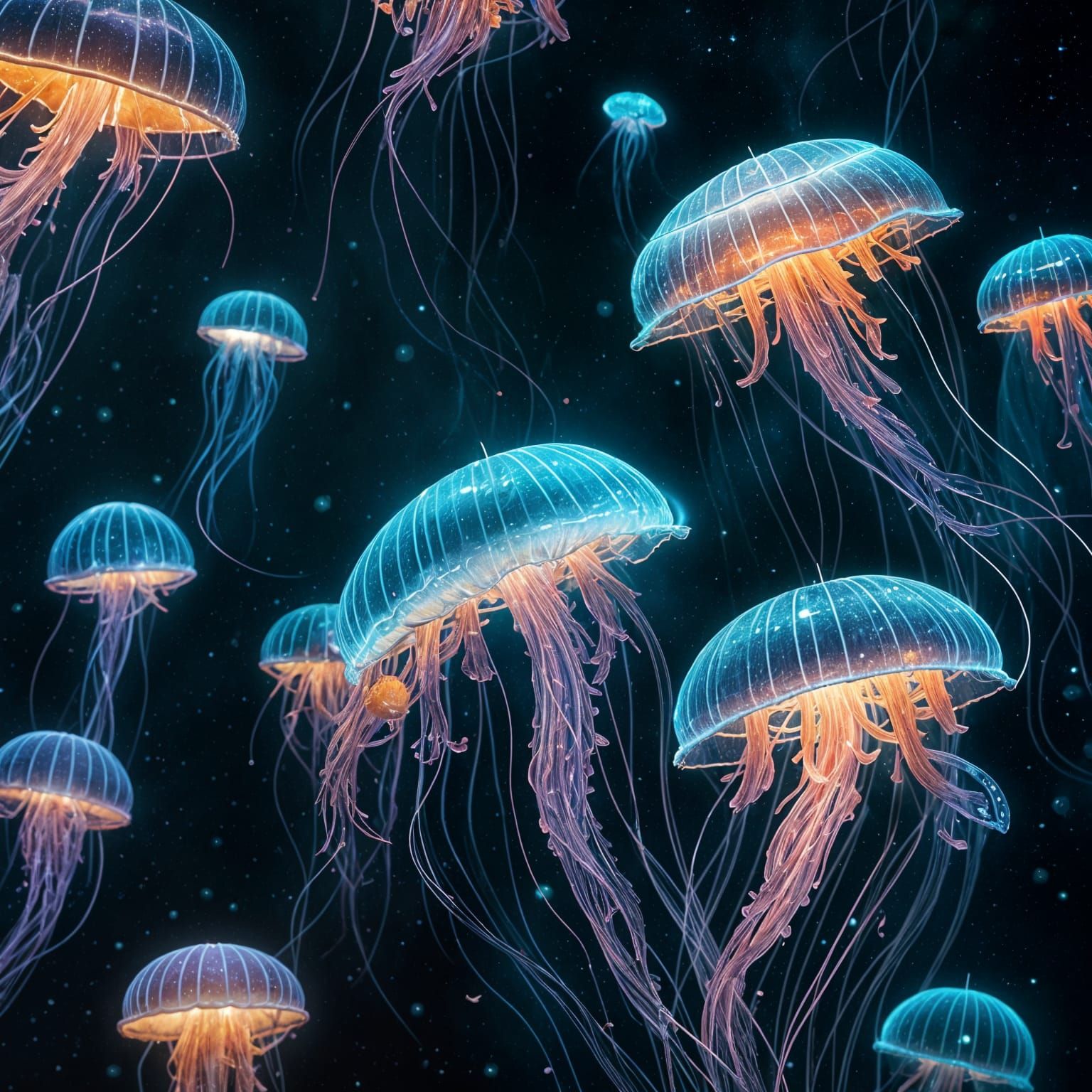 Bioluminescence jellyfish swimming in space