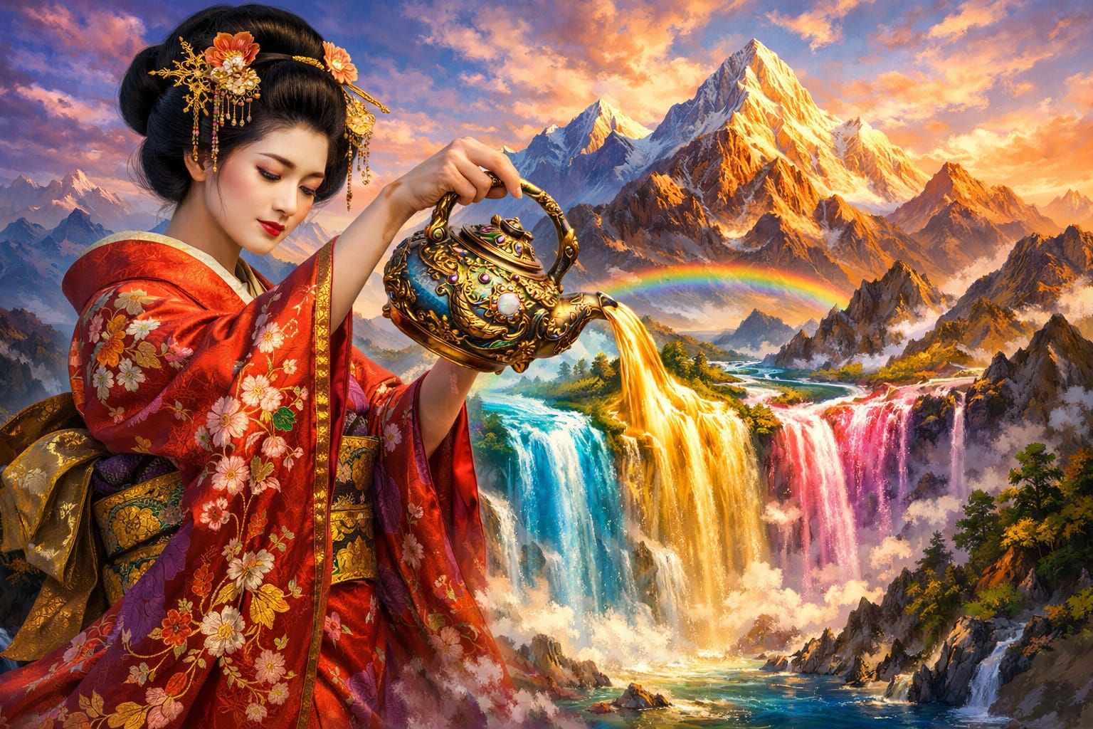 Geisha Pours Tea Into Multicolored Waterfall Landscape