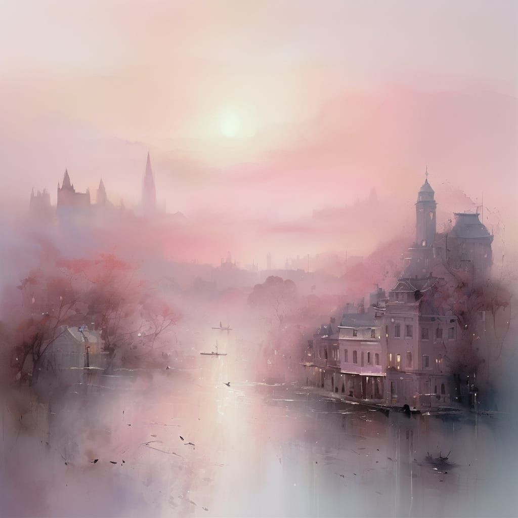 Watercolor Cityscape at Dawn, Vibrant Pastel Hues