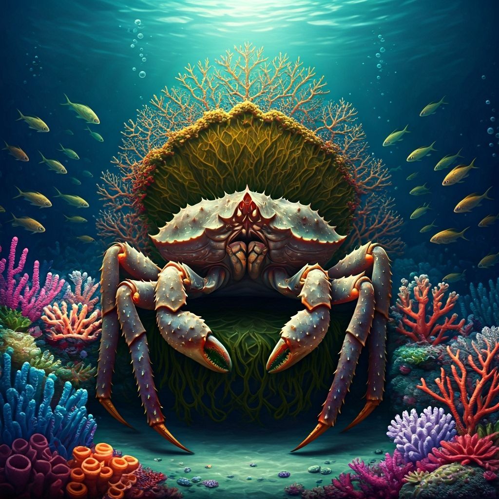King Crab on Coral Throne: Dreamlike Underwater Scene