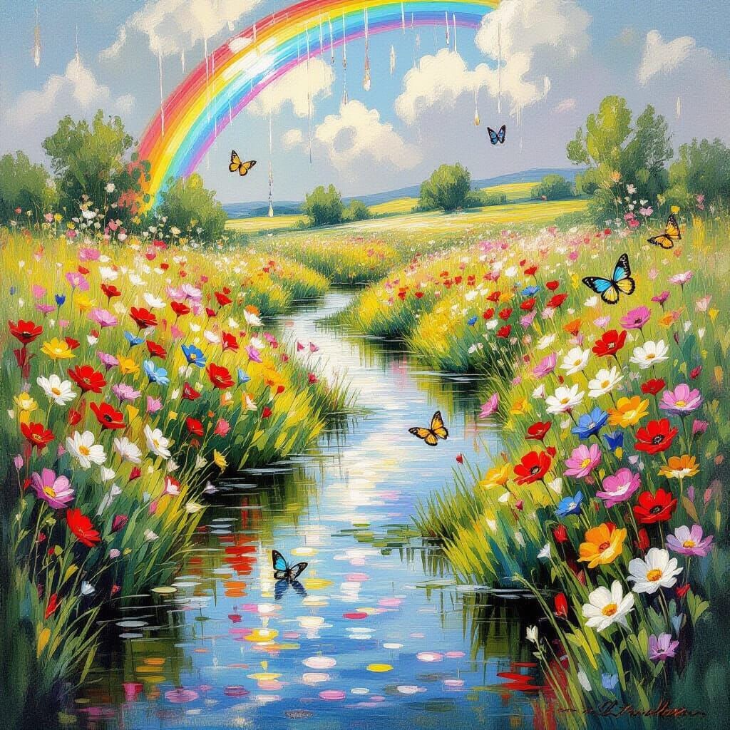 Rainbow Meadow with Impressionistic Style Butterflies