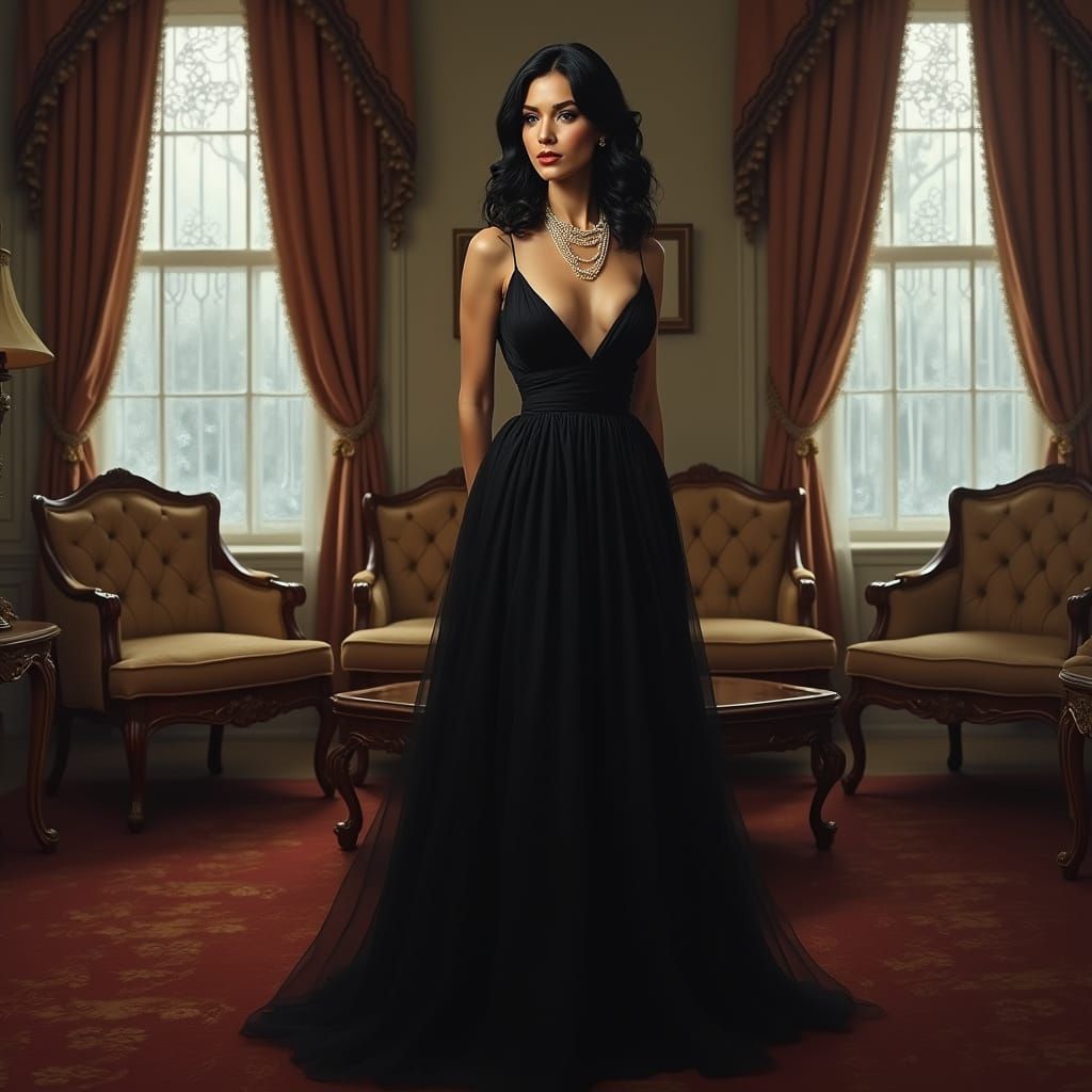 Elegant Woman in Black Gown: A Hyperrealistic Portrait