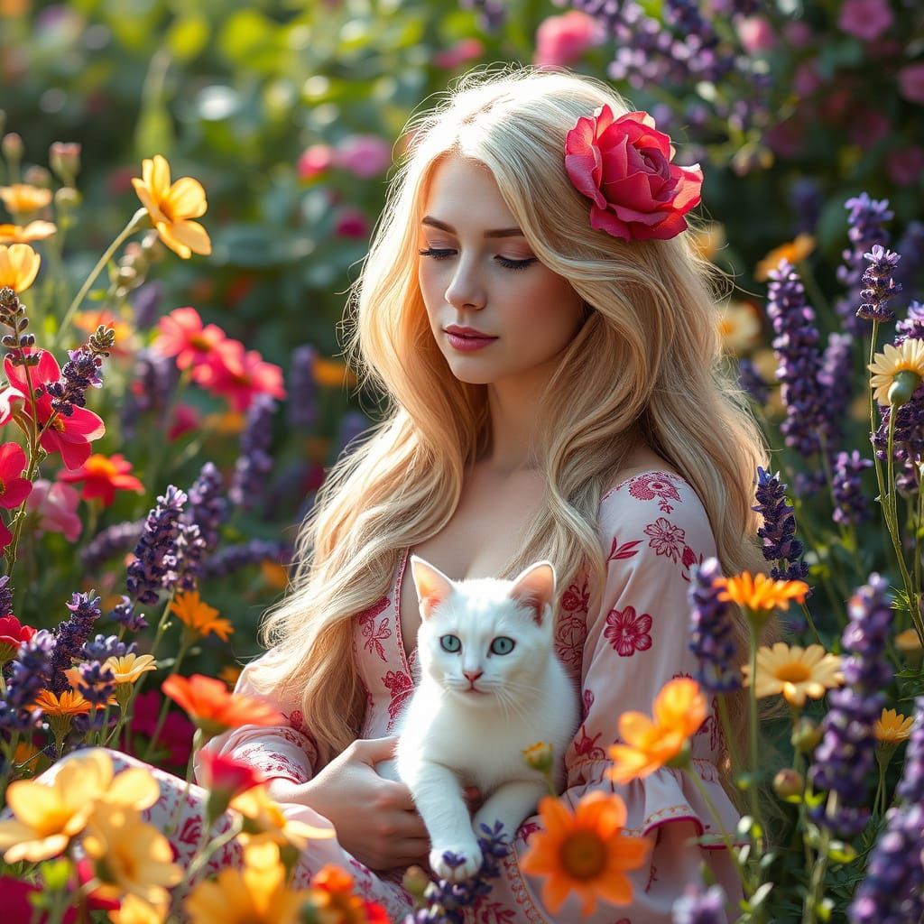Serenely Blonde Goddess with Golden Hair and Delicate Rose A...