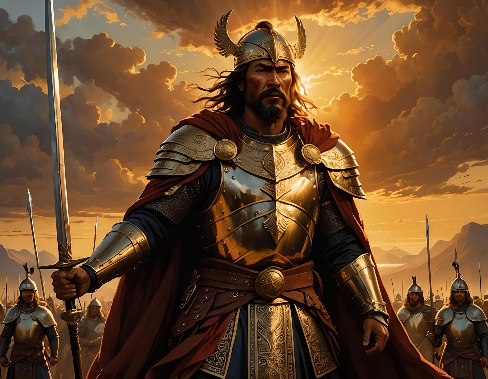 Imposing Kalgak Leads Caledonian Warriors in Golden Light