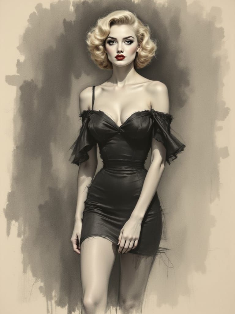 1950s Pin Up Woman, Charcoal Sketch Style