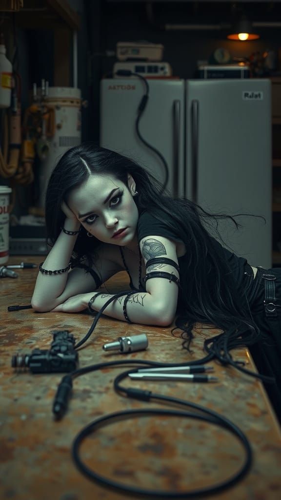 Goth Biopunk Girl in Industrial Kitchen