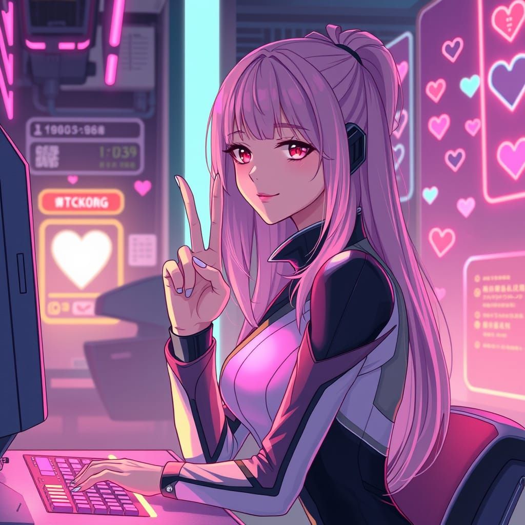 Glowing Cyberpunk Girl in Peaceful Holographic Oasis