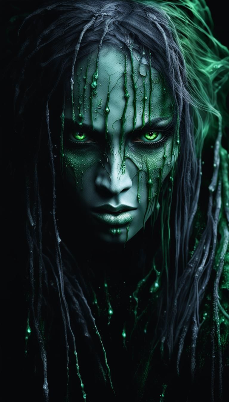 Dark Fantasy Female Portrait with Green Drips