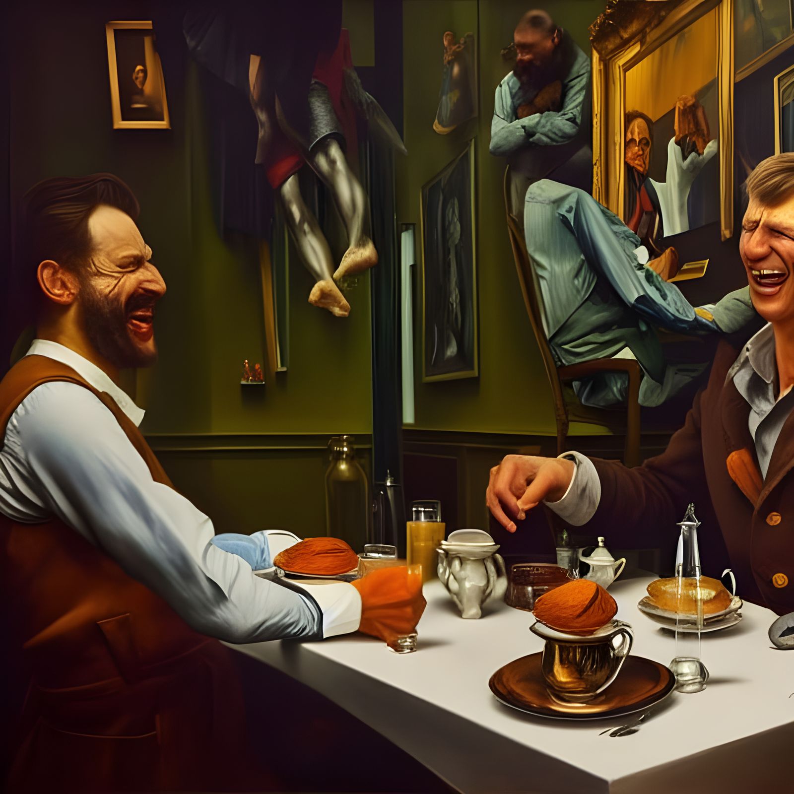 Photorealistic Portrait of Laughing Man in Cafe