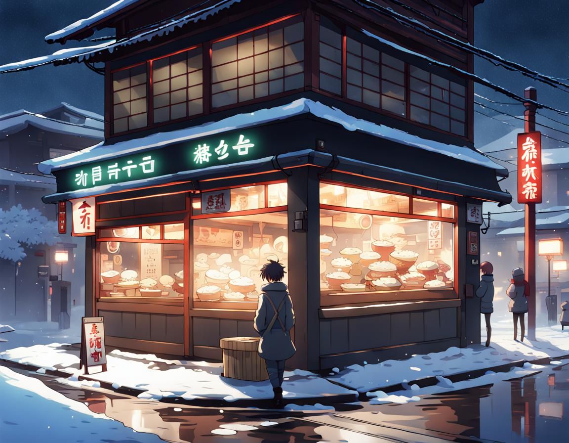 Anime Ramen Shop in Winter Night