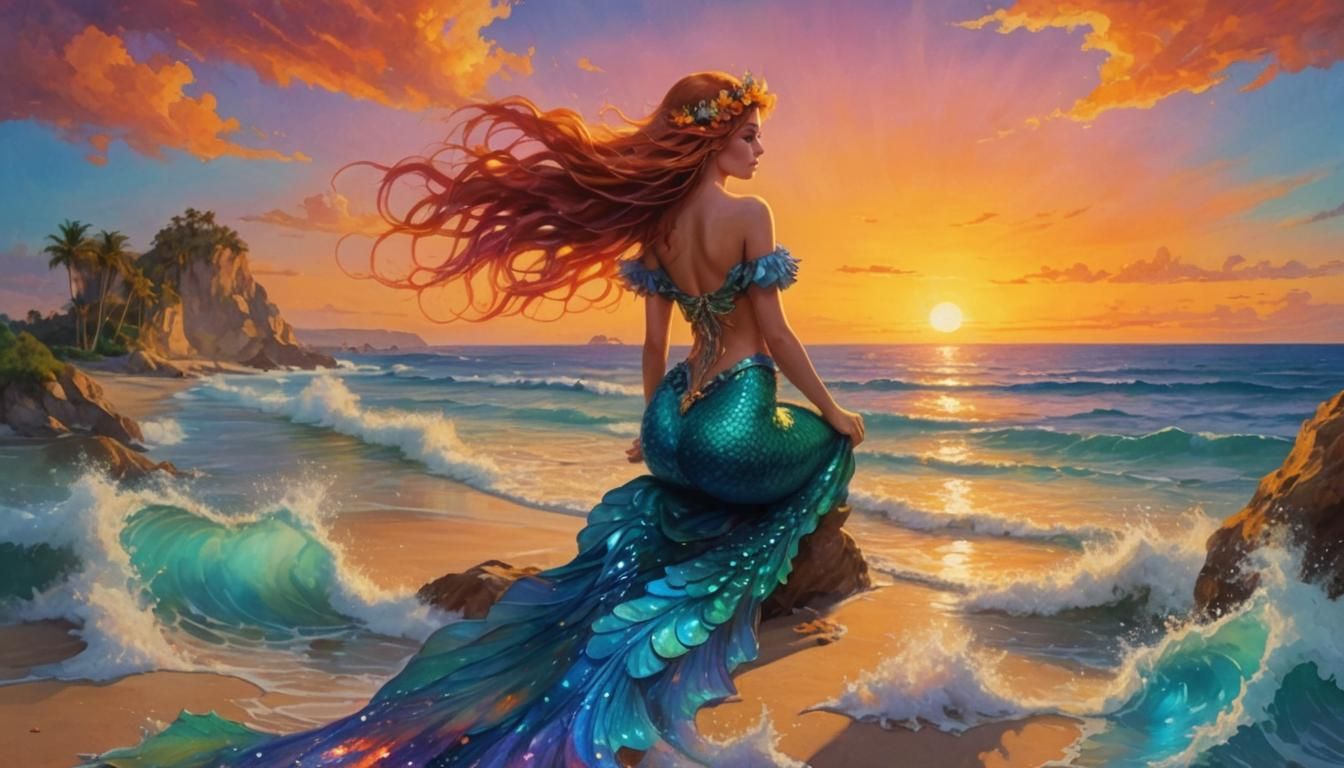 Fantasy Mermaid at Sunset in Gouache Style