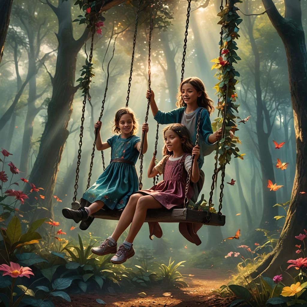 Girl on Swing in Misty Forest: Fantasy Matte Painting