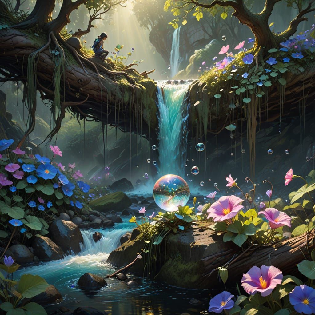 Rainbow Bubbles in Fantasy Forest Stream: 8K Art