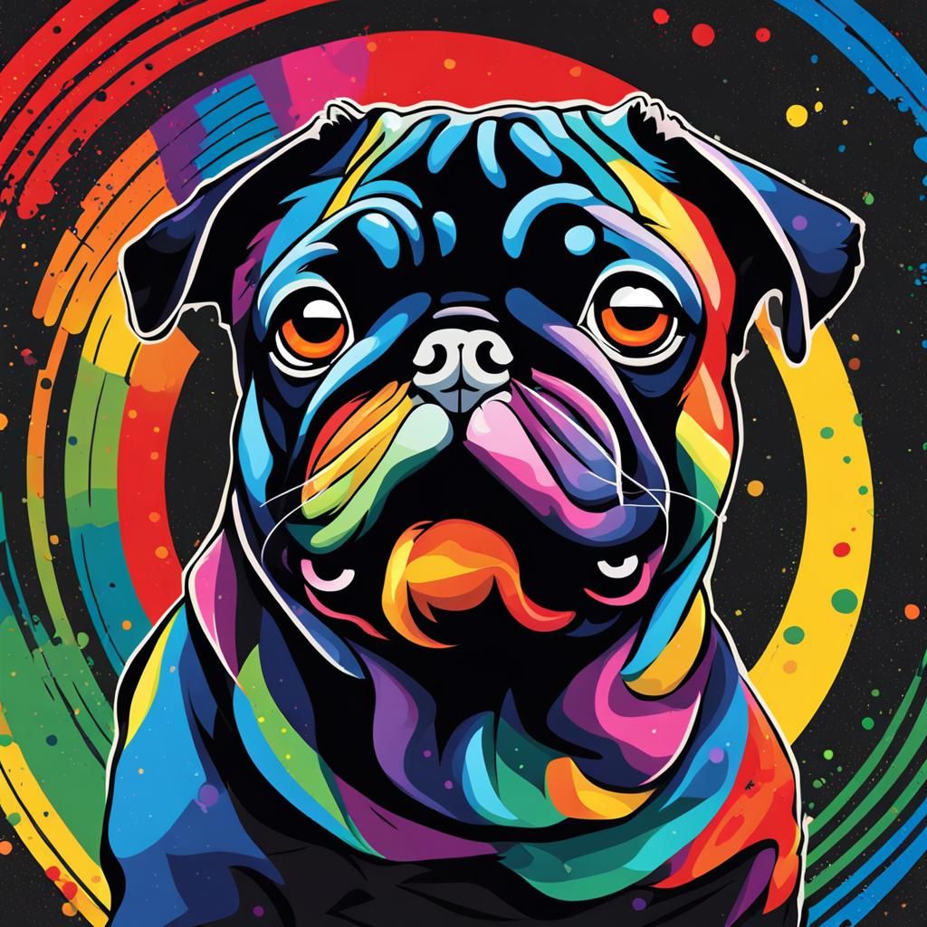 Pop Art Black Pug with Rainbow Background
