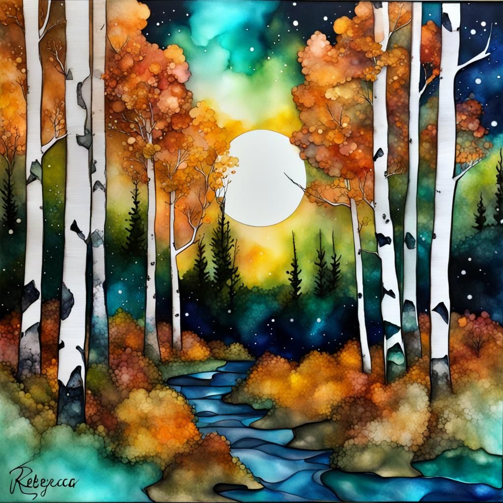 Alcohol Ink Aspen Forest with Starry Nebula