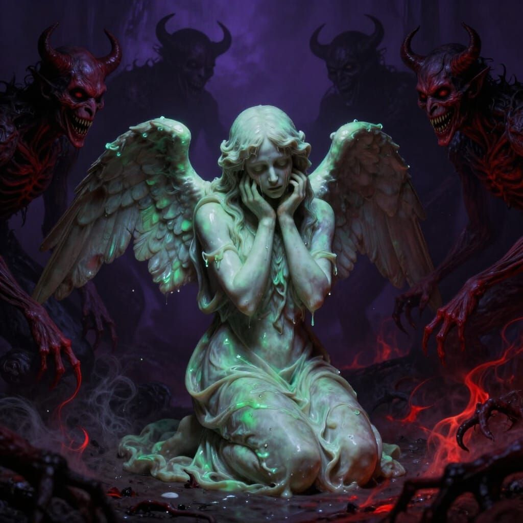 Sorrowful Angel and Demons in Surrealist Horror