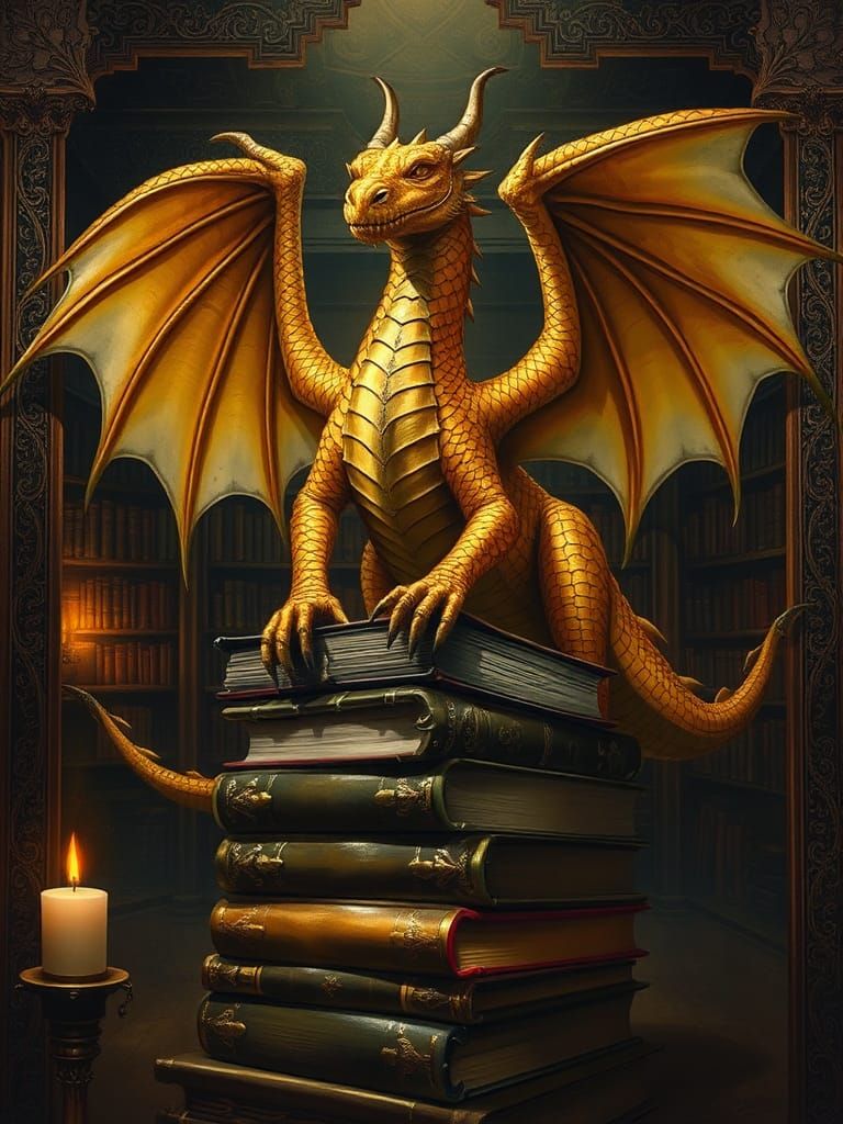 Golden Dragon on Ancient Books in Fantasy Style
