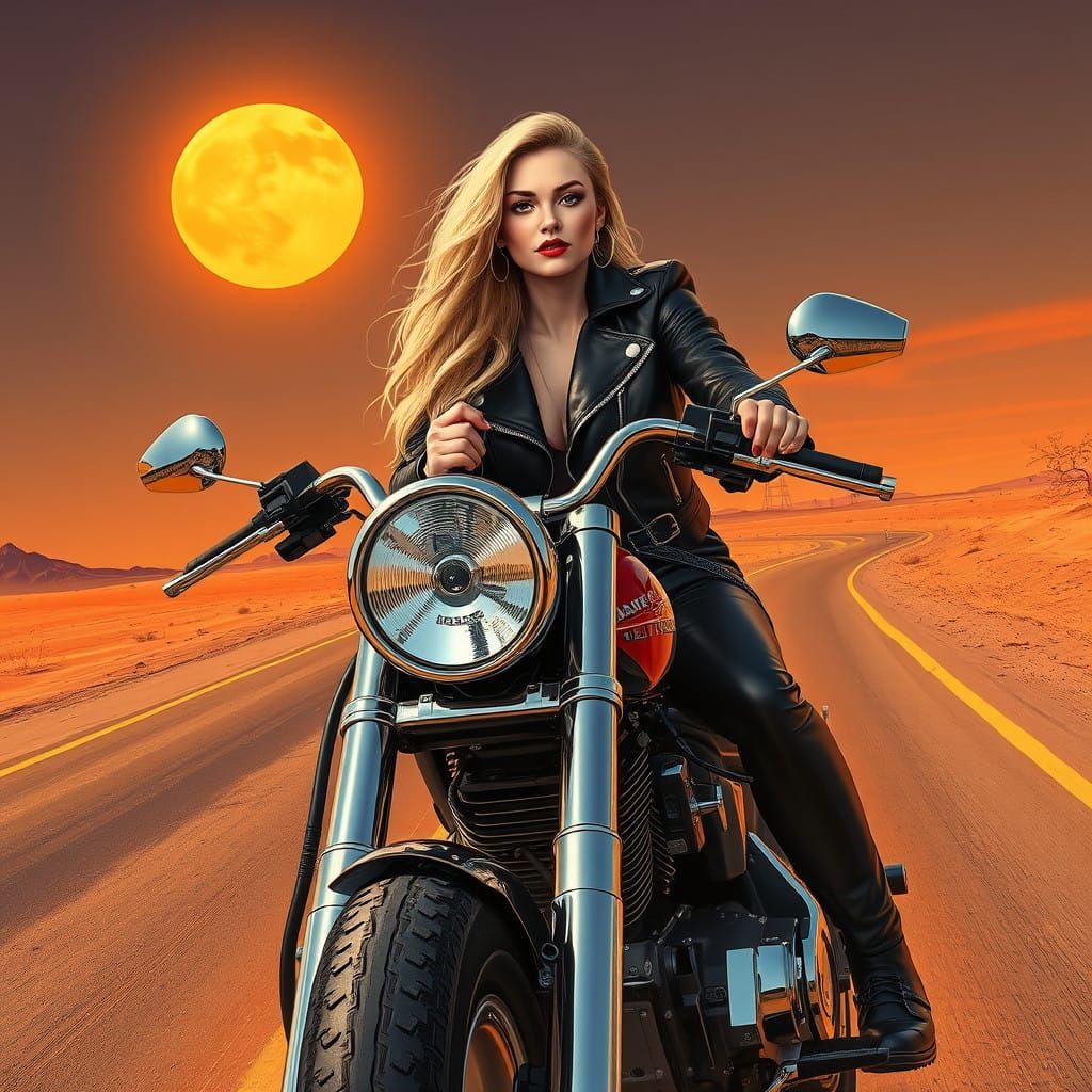 Vibrant Desert Landscape with Fearless Biker Chick on Harley...