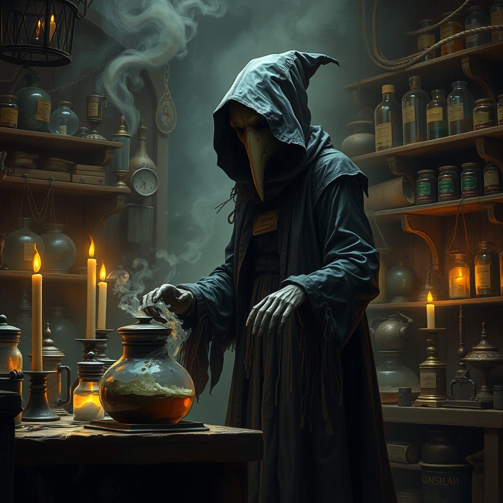 Plague Doctor Creating Deadly Potions in Laboratory