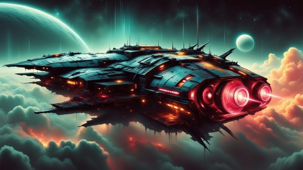Majestic Spaceship Approaches Distant Planet in Cyberpunk St...