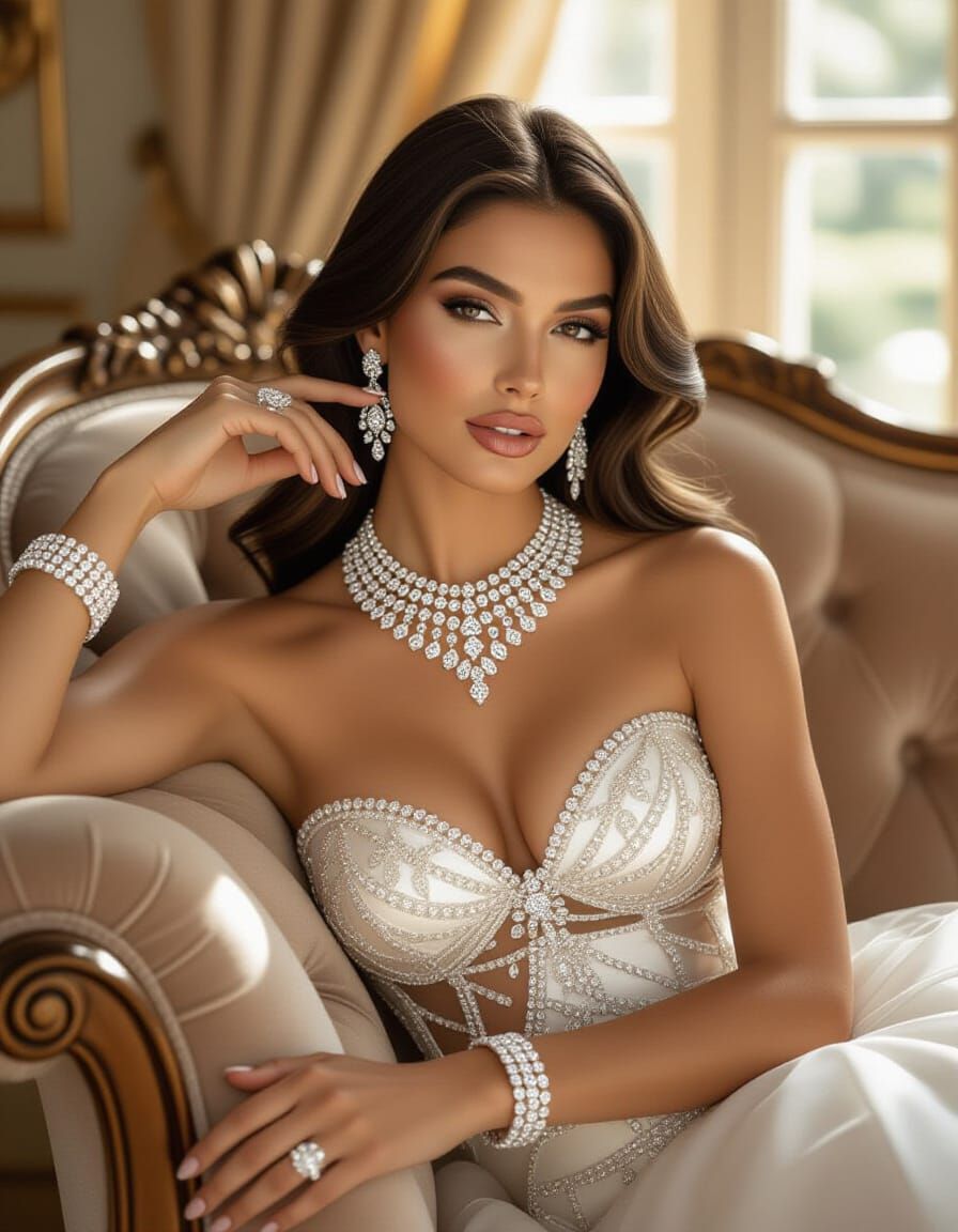 Glamorous Woman in Opulent Room with Diamond Jewelry