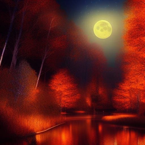 Glowing Silver Creek with Golden Trees at Night