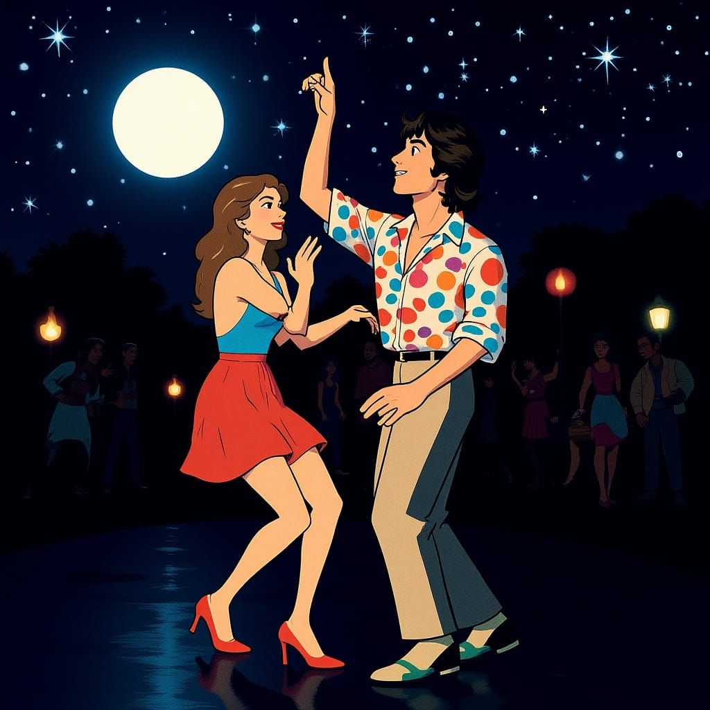 Nightclub Dancers Under Starry Sky in Pop Art Style