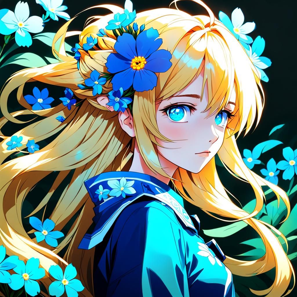 Anime Girl with Blue Eyes and Flowers