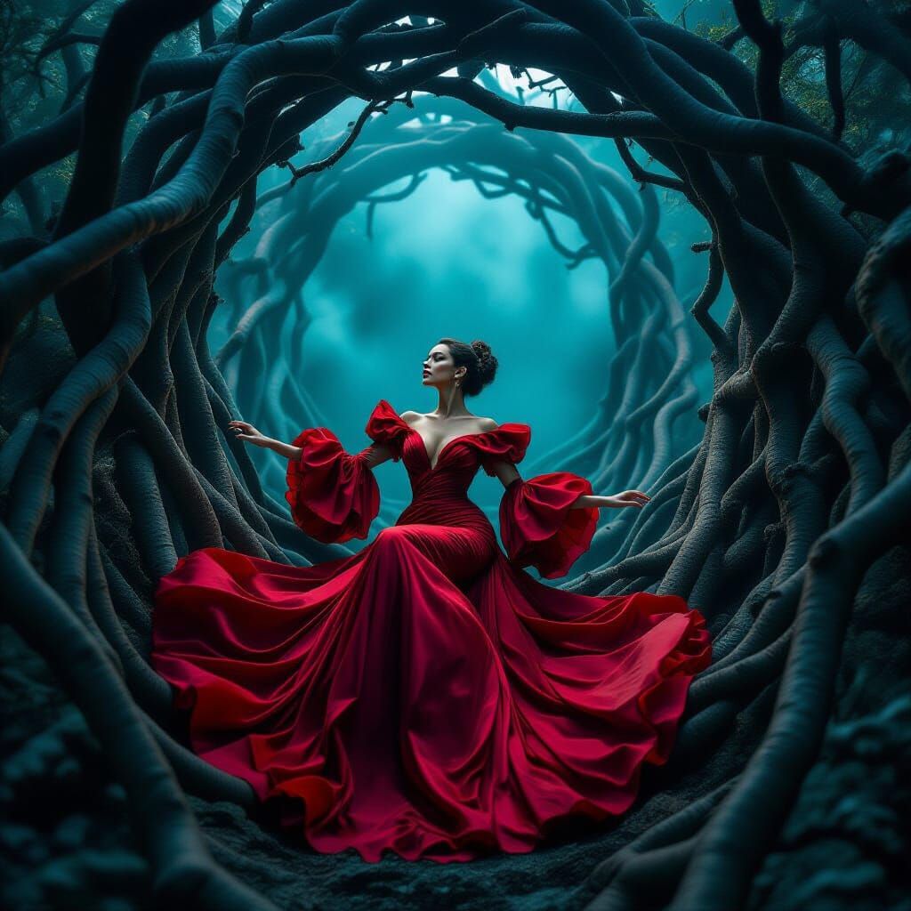 Woman in Flowing Red Gown in Organic Branch Tunnel
