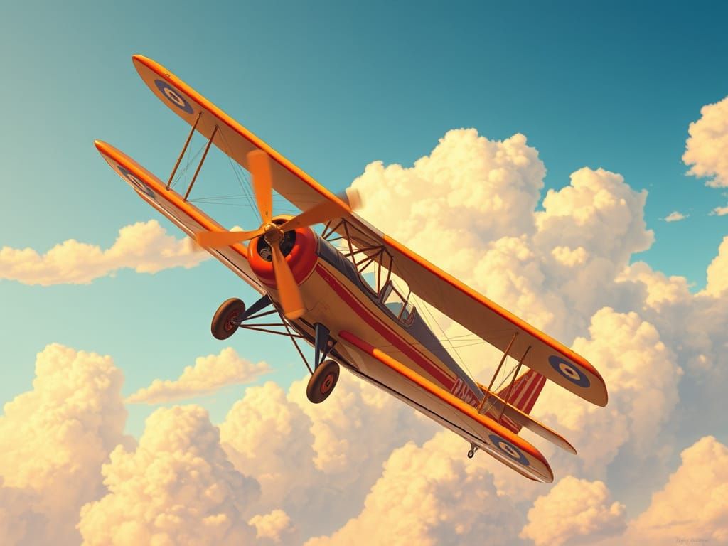 Vintage Biplane Soars Through Industrial Futuristic Sunset