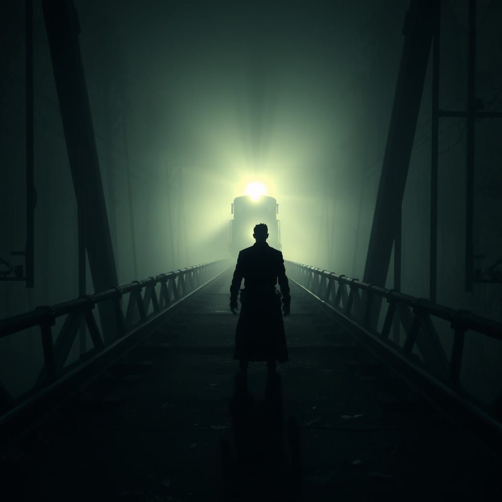 Ethereal Railway Bridge Scene in Dark, Cinematic Style