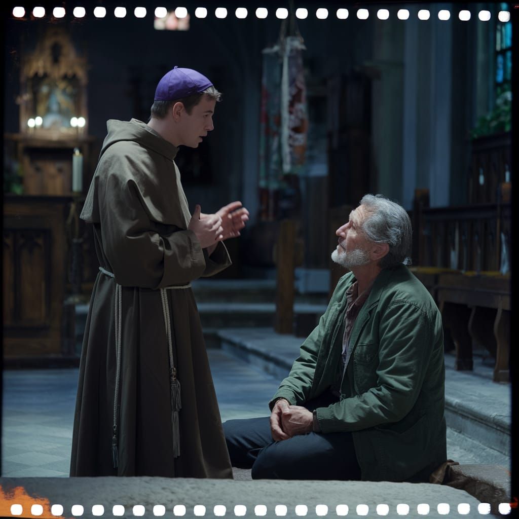 St. Francis Preaching to a Geologist: Cinematic Film Still