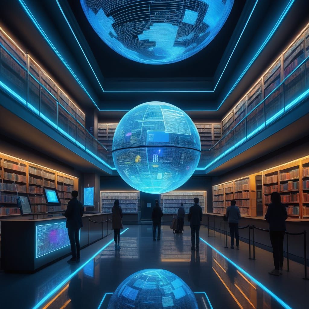 Futuristic Library in Cyberpunk Style
