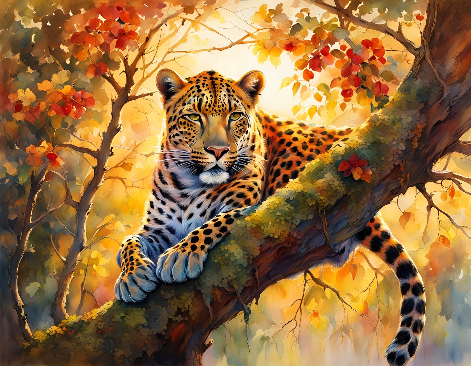 Leopard Sleeps in Orchard: Watercolor in Complementary Color...