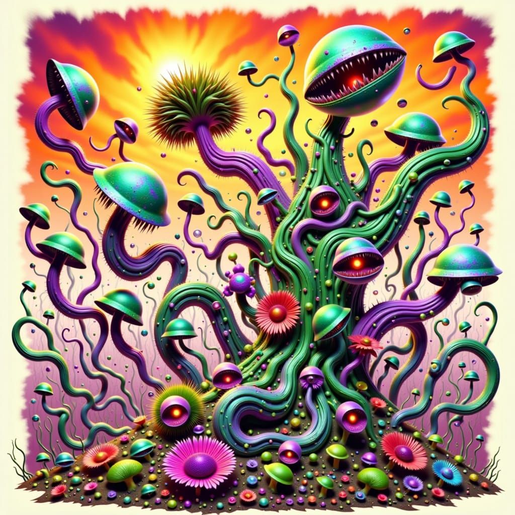 Iridescent Alien Plant in Neon Forest