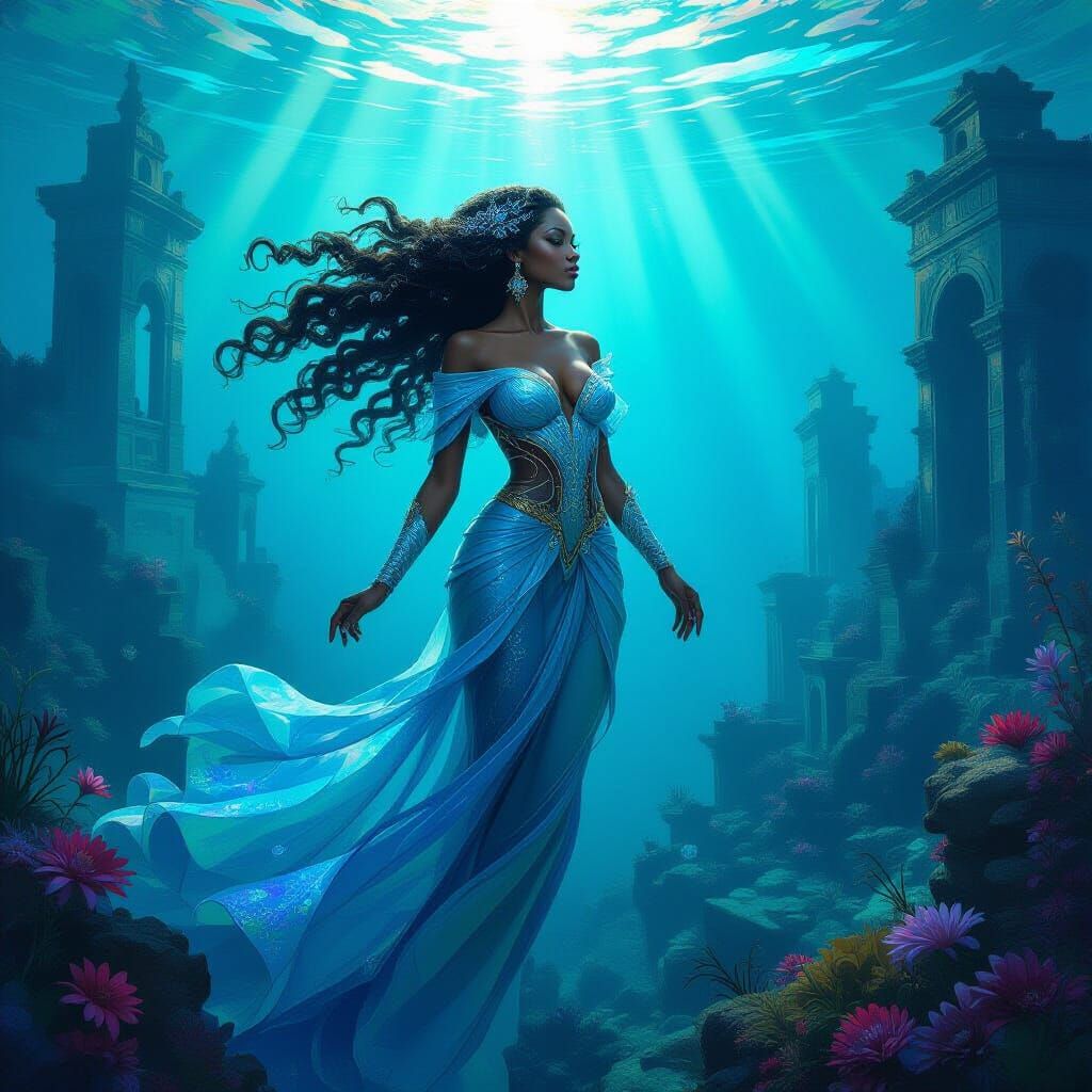 Underwater Goddess in Sunken Metropolis, Hyperrealistic Illu...