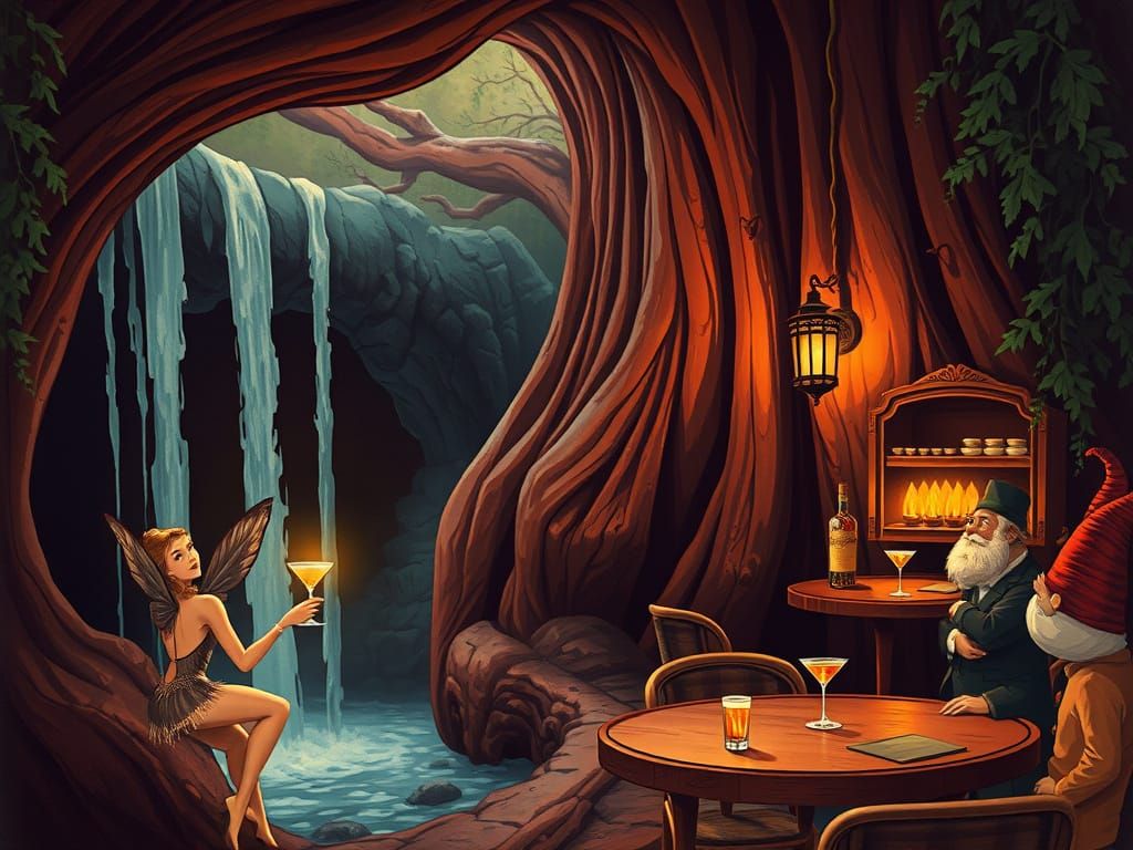 Speakeasy in Sequoia: A Vintage Fantasy Scene