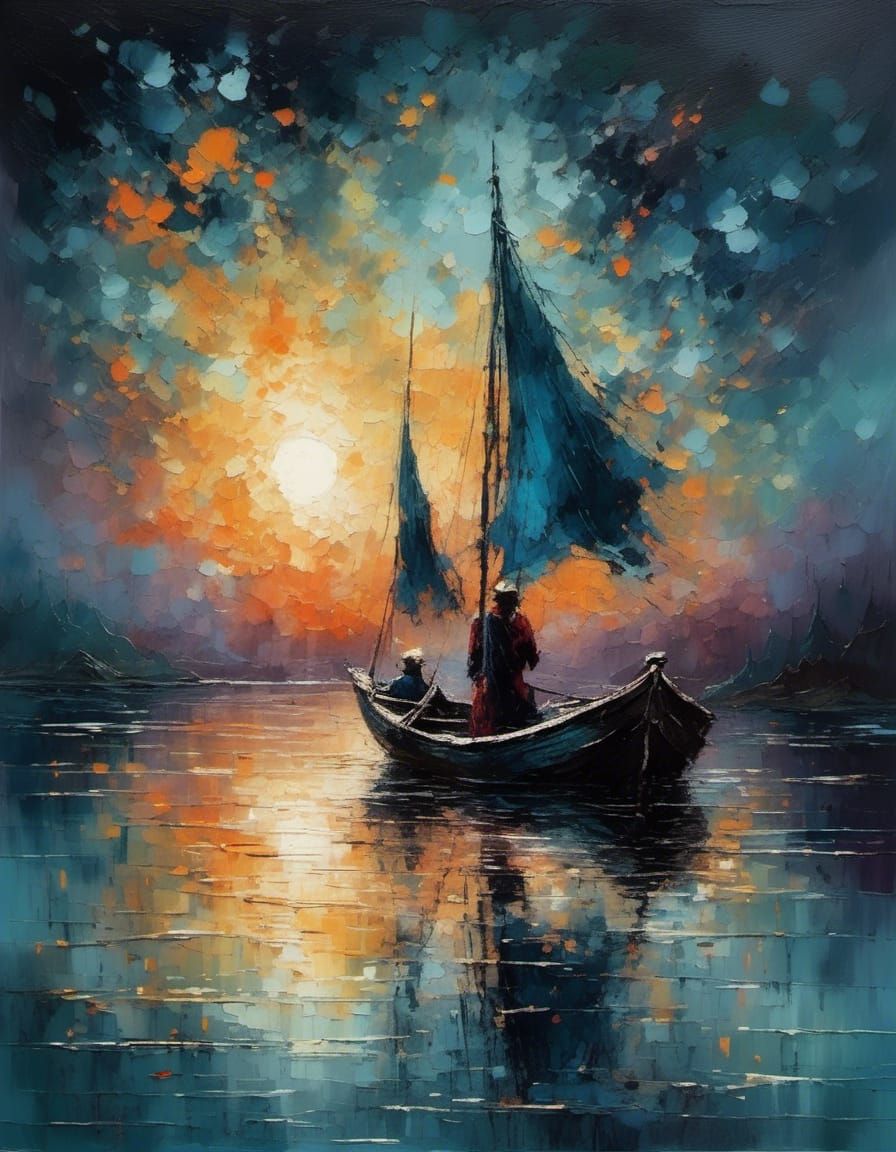 Moonlit Boat: Digital Watercolor Summerscape at Sunset